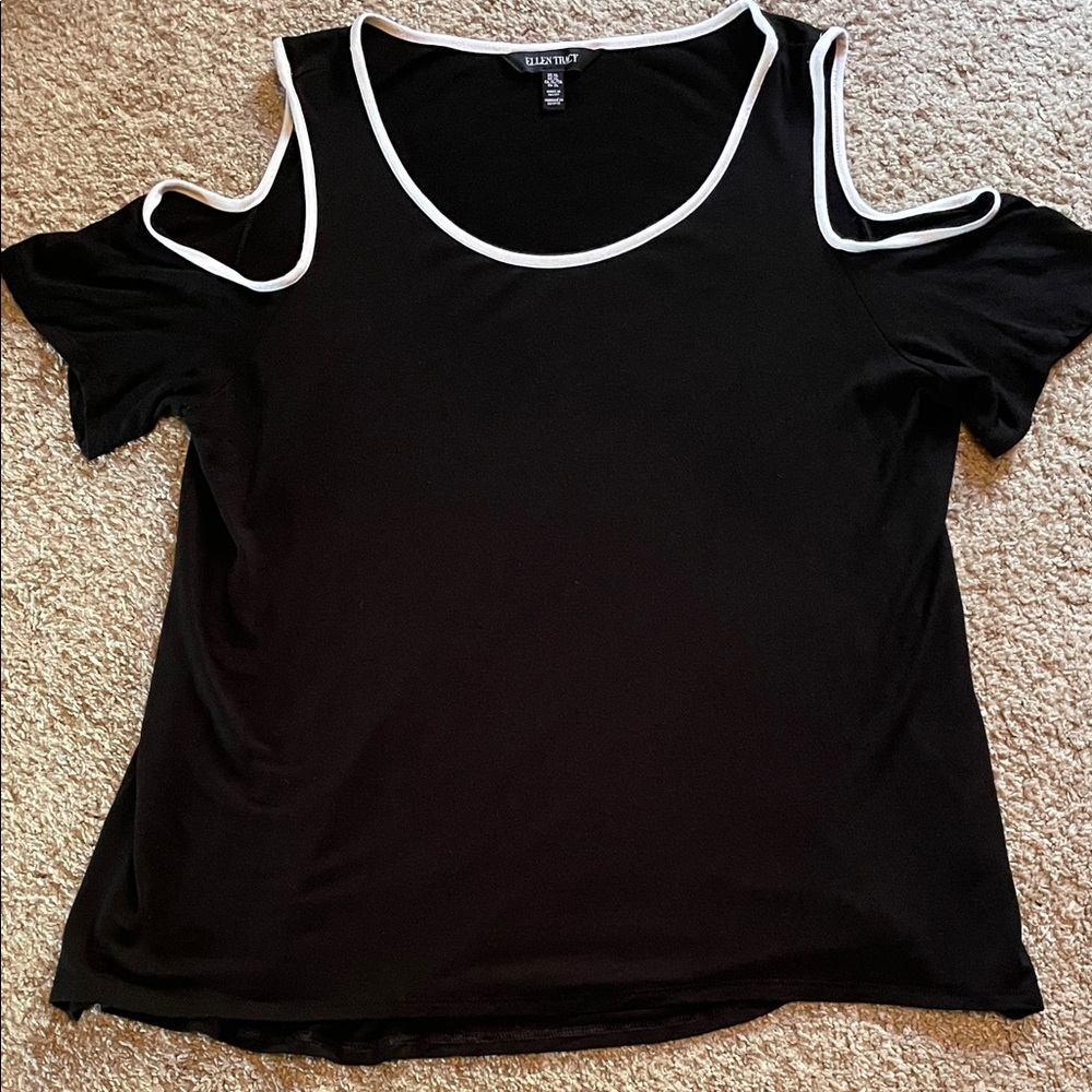 Ellen Tracy Black Cold Shoulder Tee with White Accents, XL